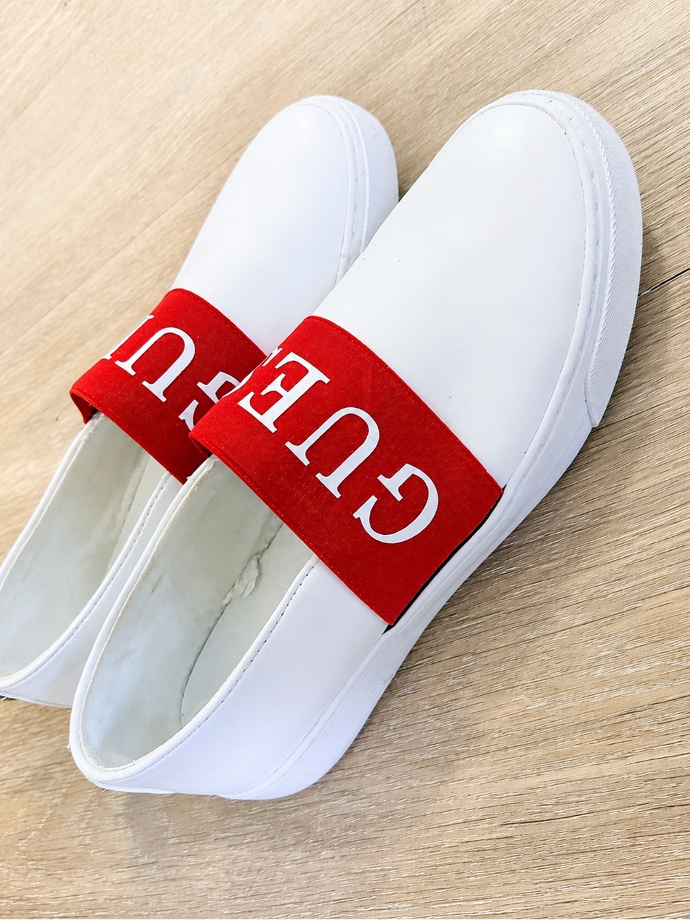 Guess White Slip-On Mules with Red Logo Band